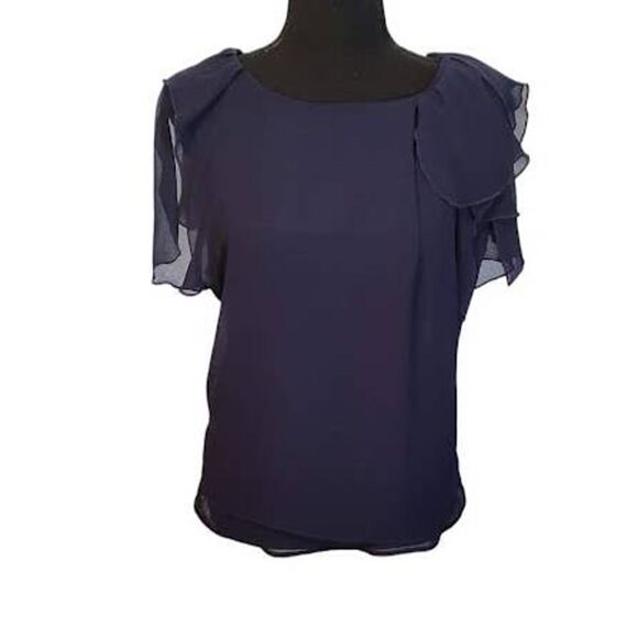BCBGeneration Navy Blue Ruffle Short Sleeve Top Small - Picture 2 of 7